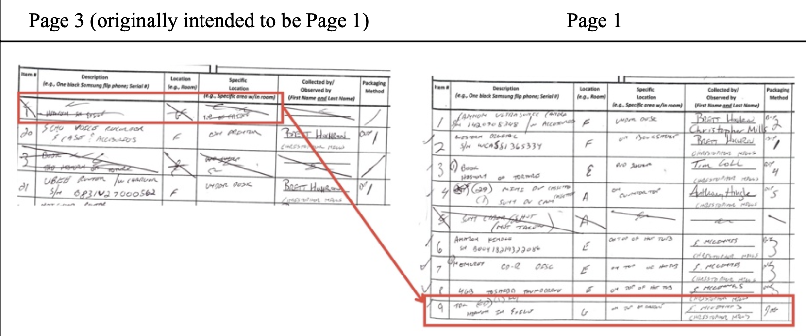 Evidence log — 'Heaven in Exile' CD demoted from its pre-scripted Item 1 slot down to Item 9, after Canon camera was substituted in as Item 1